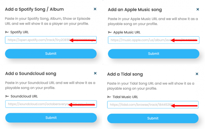 LinkBossPro Artist Musician spotify apple music soundcloud tidal url add image